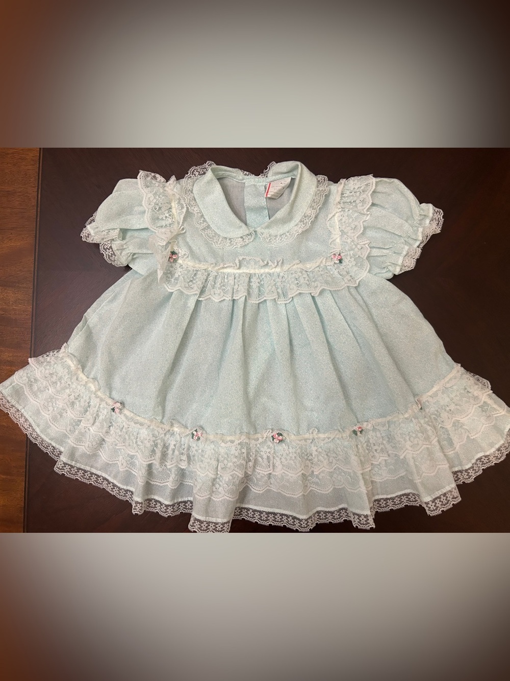 Vintage Heirloom Baby Dress 24 Months Mint Green Lace Prairie Style